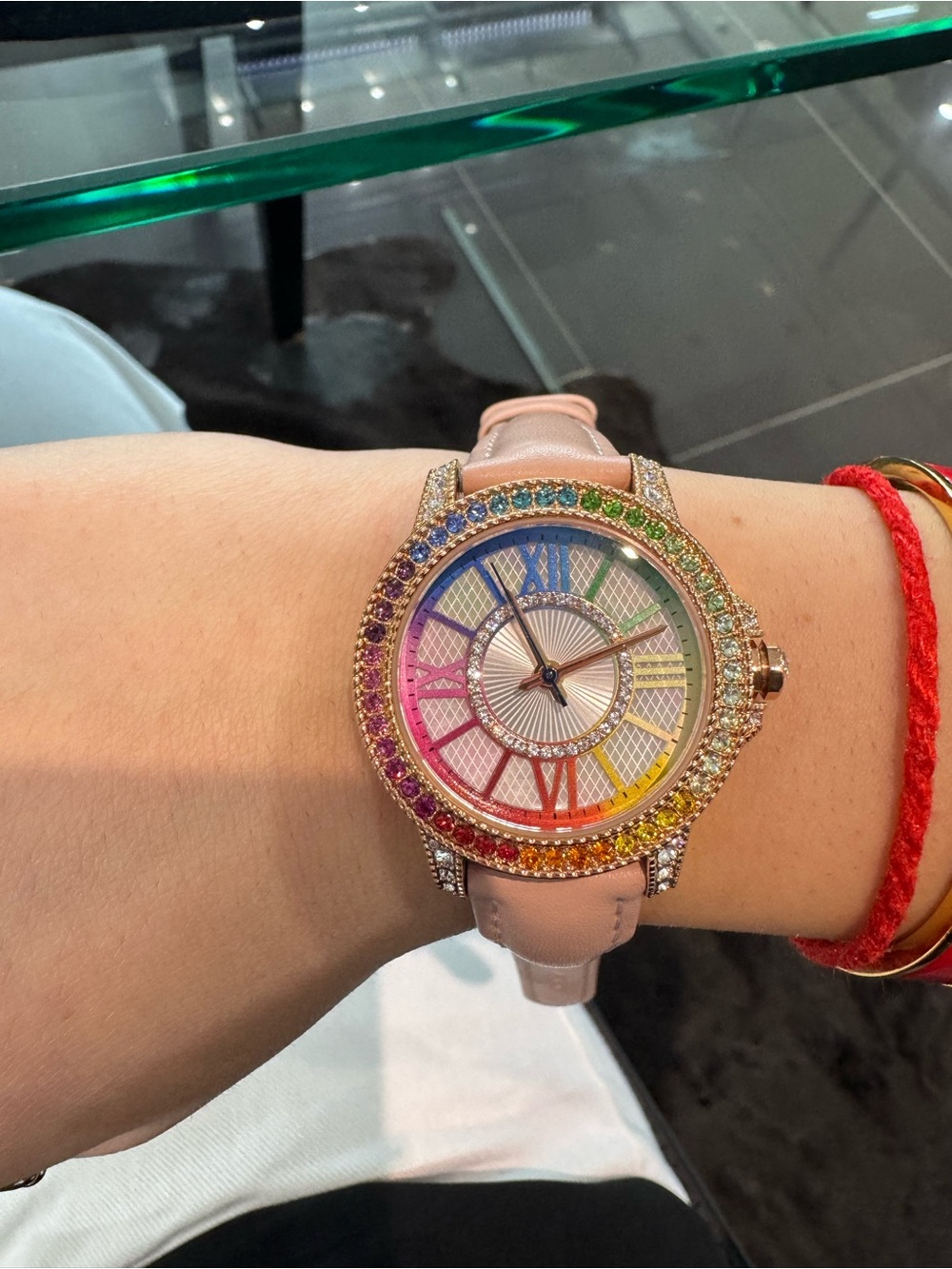 New Rose Gold-Tone Rainbow Diamonique Watch w/ Pink Leather Strap